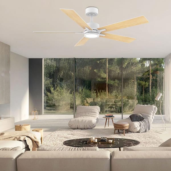 52 in. Modern Standard Indoor/Outdoor White Downrod Mount Ceiling Fan with LED Lights and Remote Control,Dimmable