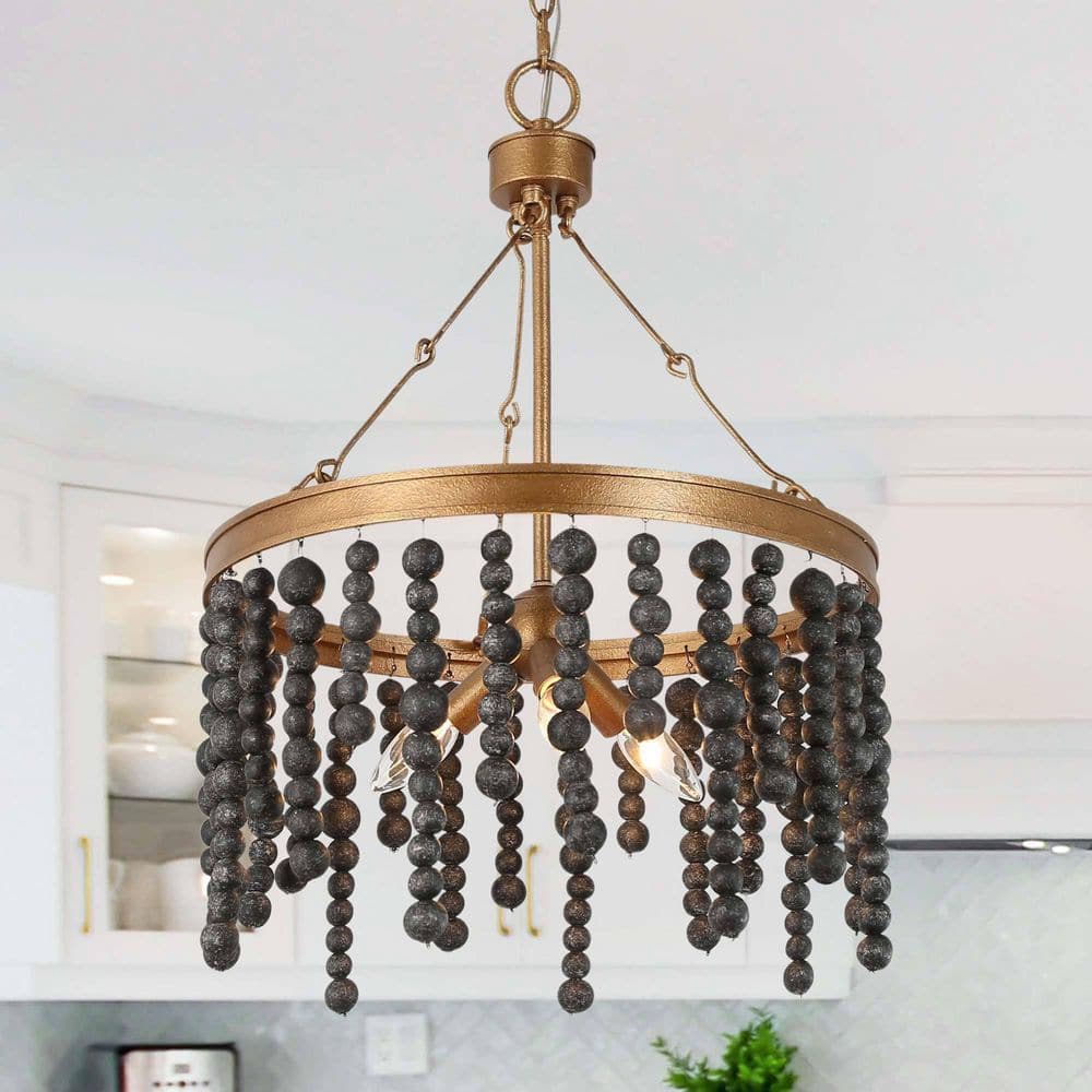 Antique Gold Bohemian 3-Light Dining Room Chandelier with Natural Black Wood Beads, Farmhouse Coastal Living Room Light price history on PriceWatchPro