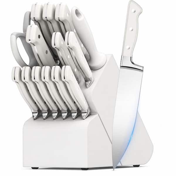 15-Piece Stainless Steel Knife Set with Block, White, Forged Kitchen Knives for Home Cooks and Chefs