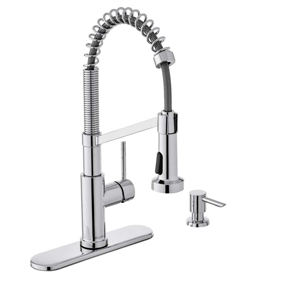 Glacier Bay Gage Single-Handle Spring Neck Pull-Down Kitchen Faucet with TurboSpray, FastMount, and Soap Dispenser in Chrome, Grey