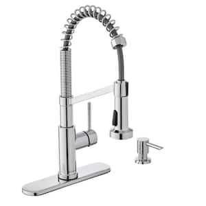 Gage Single-Handle Spring Neck Pull-Down Sprayer Kitchen Faucet with Soap Dispenser in Polished Chrome