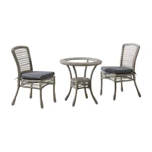 Carolina 37 in. H 3-Piece All-Weather Wicker Dining Set with Round Bistro Table and 2 Chairs with Gray Cushions