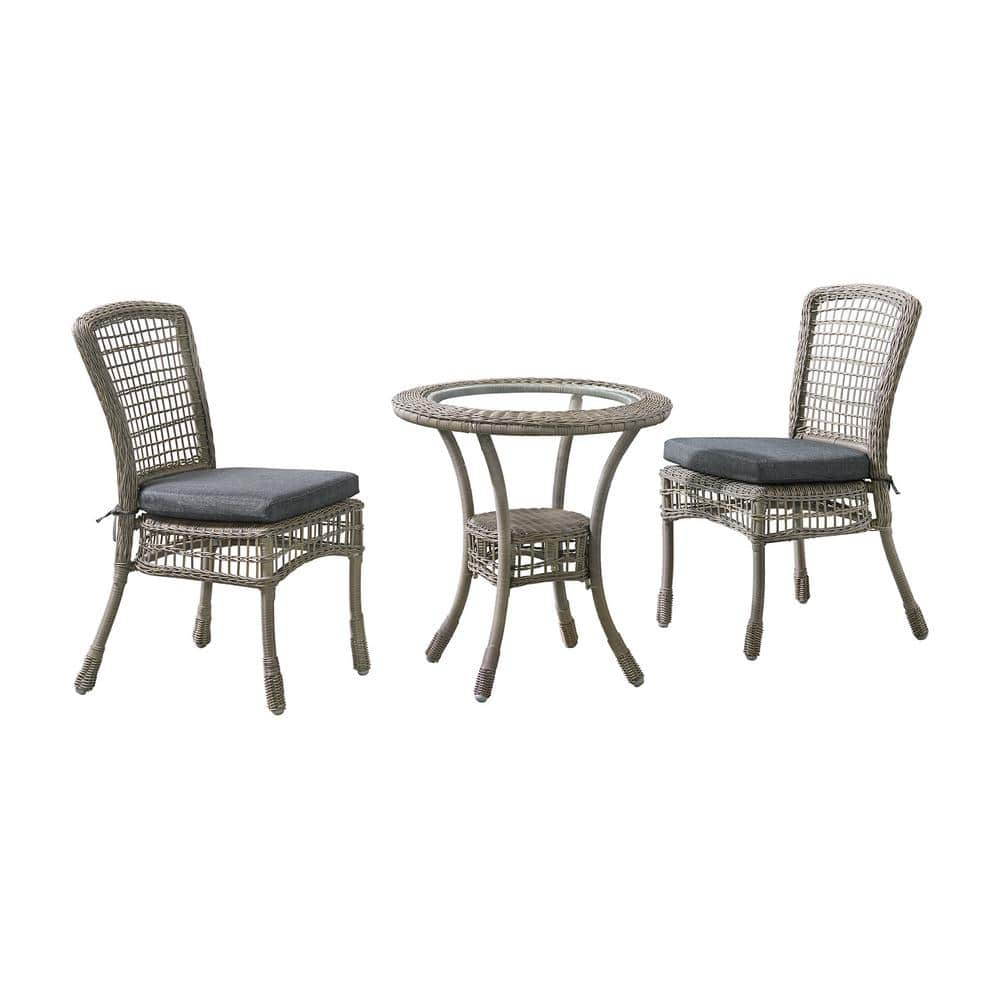 Carolina All-Weather 3-Piece Wicker Outdoor Dining Set with 30 in. Bistro Table and 2-Dining Chairs with Gray Cushions -  Alaterre Furniture, AWWM016MMHD