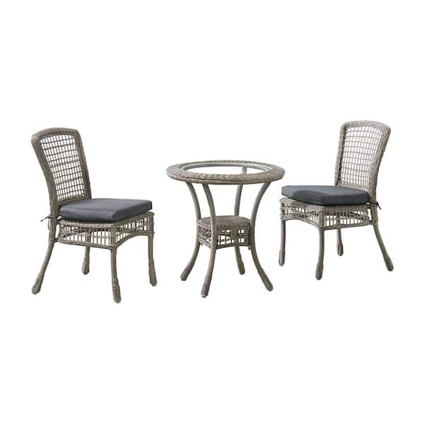 Alaterre Furniture Carolina All-Weather 3-Piece Wicker Outdoor Dining Set with 30 in. Bistro Table and 2-Dining Chairs with Gray Cushions