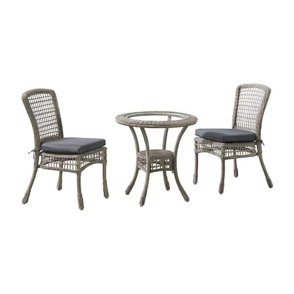 Pure Garden Carolina 37 in. H 3-Piece All-Weather Wicker Dining Set with Round Bistro Table and 2 Chairs with Gray Cushions