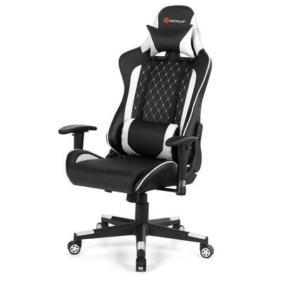 Black and White Massage Gaming Chair with Lumbar Support