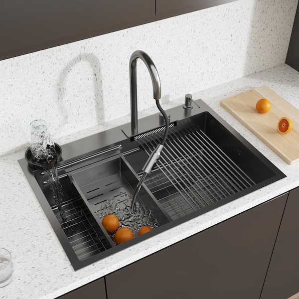 33.2 in. Drop-in Single Bowl Matte Black 304 Stainless Steel Kitchen Sink Flying Rain Waterfall Sink Set