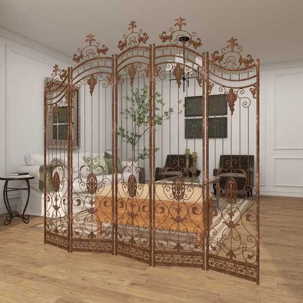 Litton Lane 7 ft. Bronze 5 Panel Hinged Foldable Arched Partition Room Divider Screen with Relief Acanthus Design