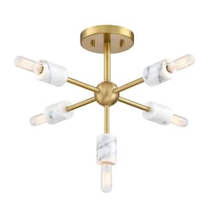 Star Dust 16.5 in. 5-Light Brushed Gold Mid-Century Modern Semi Flush Mount with Natural Marble Accents for Bedrooms