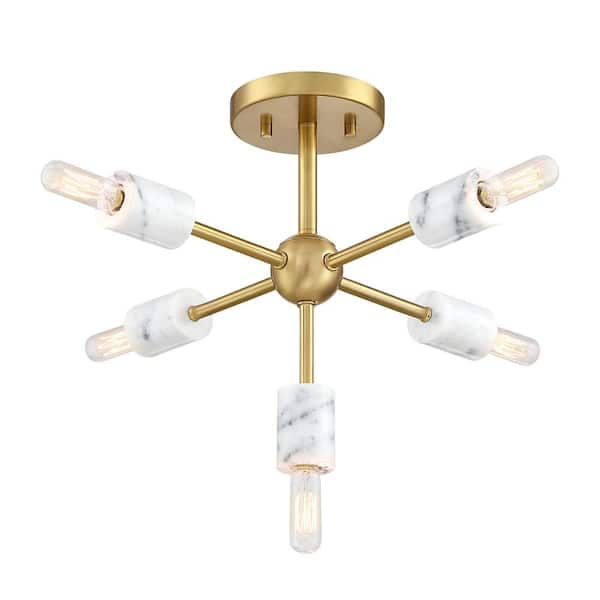 Designers Fountain Star Dust 16.5 in. 5-Light Brushed Gold Mid-Century Modern Semi Flush Mount with Natural Marble Accents for Bedrooms