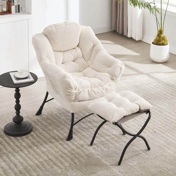 Unbranded White Cotton Lazy Chair with Ottoman Modern Large Accent Chair Upholstered Sofa Armchair Reading Chair for Living Room