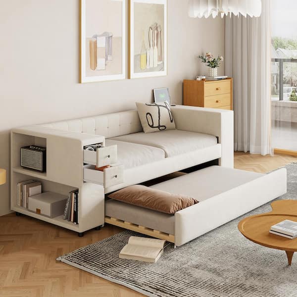 Harper & Bright Designs Multifunctional Beige Twin Velvet Upholstered Daybed with Twin Trundle Bed, USB Charging Ports, Ample Storage