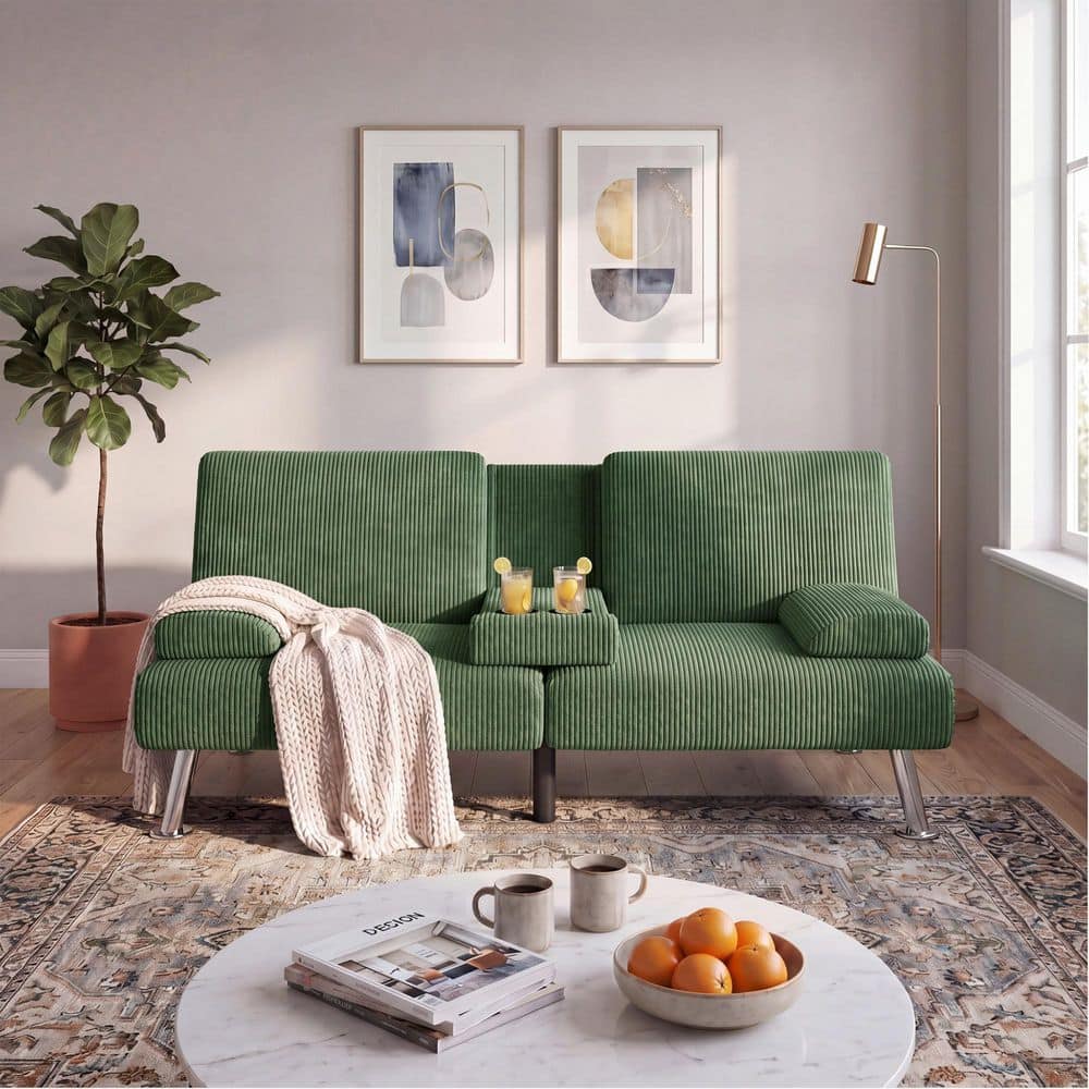 63 in. Green Corduroy Fabric Convertible Futon Sofa Bed with Futon Mattress, Folding Loveseat Sleeper with Cup Holders price history on PriceWatchPro