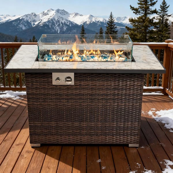 50000 BTU 44 in. Brown Propane Gas Fire Pit Table Rectangular Fire Pit, Tile Tabletop with Beautiful Wicker Base