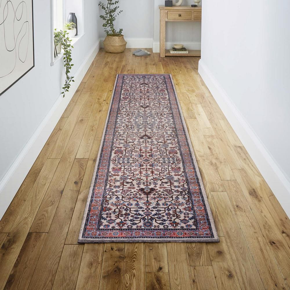 Kemer Persian Chenille Beige/Red/Blue 2' x 8' Washable Runner Rug