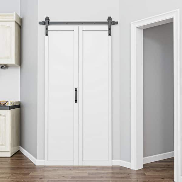 ARK DESIGN 40 in. x 84 in. Paneled 1-Lite White Finished Composite MDF Bi-Fold Sliding Barn Door with Hardware Kit