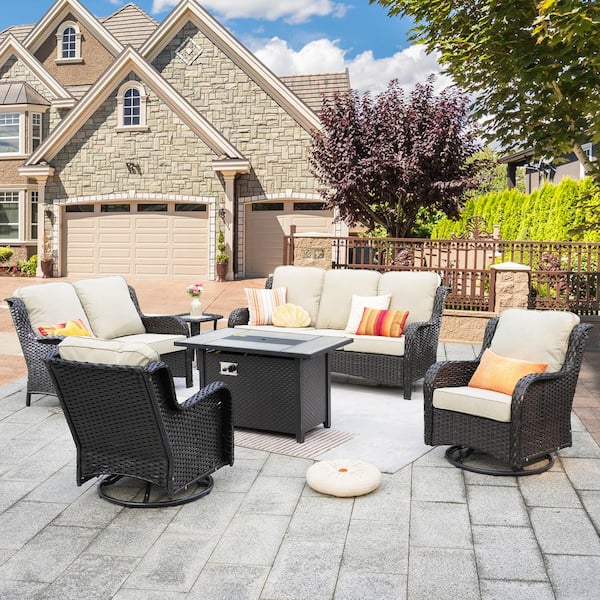 XIZZI Amber 6-Piece Wicker Patio Rectangular Fire Pit Sets and Swivel Rocking Chairs with Beige Cushion