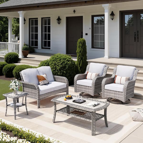 OVIOS Miziisy Gray 5-Piece Wicker Patio Conversation Set with Gray Cushions and Swivel Chairs