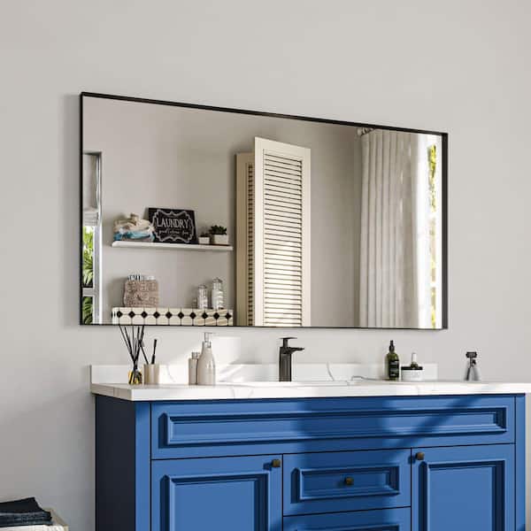 55 in. W x 30 in. H Rectangular Aluminum Framed Wall Bathroom Vanity Mirror in Black
