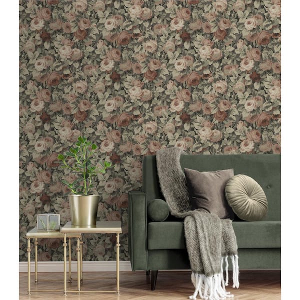 30.75 sq. ft. Dusty Mauve and Ash Grey Rose Garden Vinyl Peel and Stick Wallpaper Roll