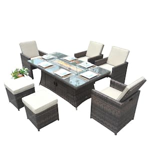 Jessica 7-Piece Wicker Patio Conversation Set with Firepit Table with Beige Cushions