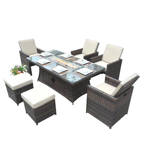 DIRECT WICKER Jessica 7-Piece Wicker Patio Conversation Set with Firepit Table with Beige Cushions