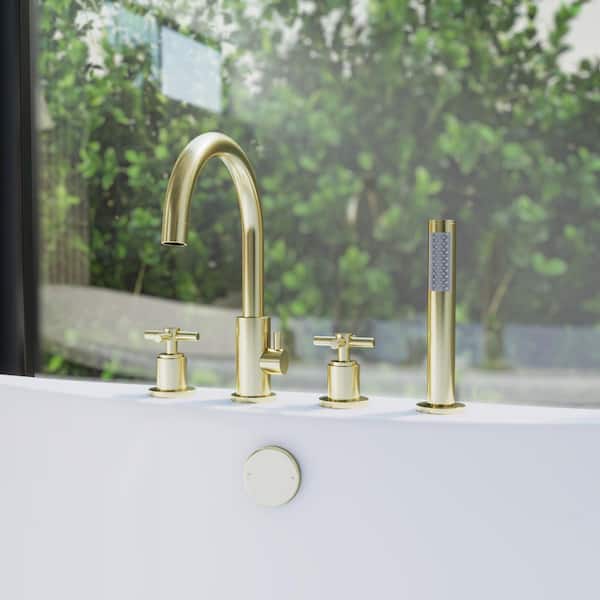 Atlantic Double-Handle Deck Mounted Roman Tub Faucet with Handshower in Brass