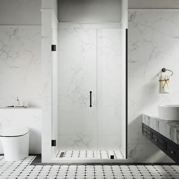 UKH07-A 45-1/8 to 46 in. W x 80 in. H Hinged Frameless Shower Door in Matte Black, EnduroShield 3/8 in. SGCC Clear Glass