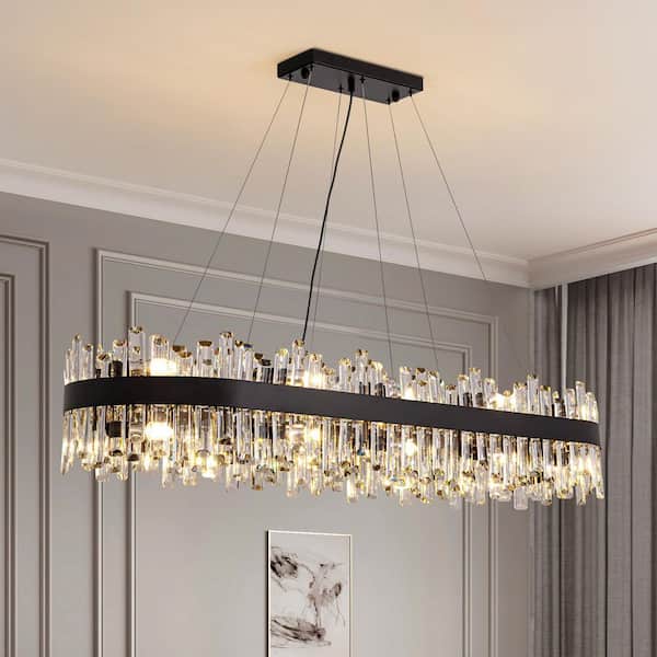 51.2 in. Dimmable 20-Light Crystal Chandelier Modern Black Rectangular Chandelier with Clear Crystal Accents