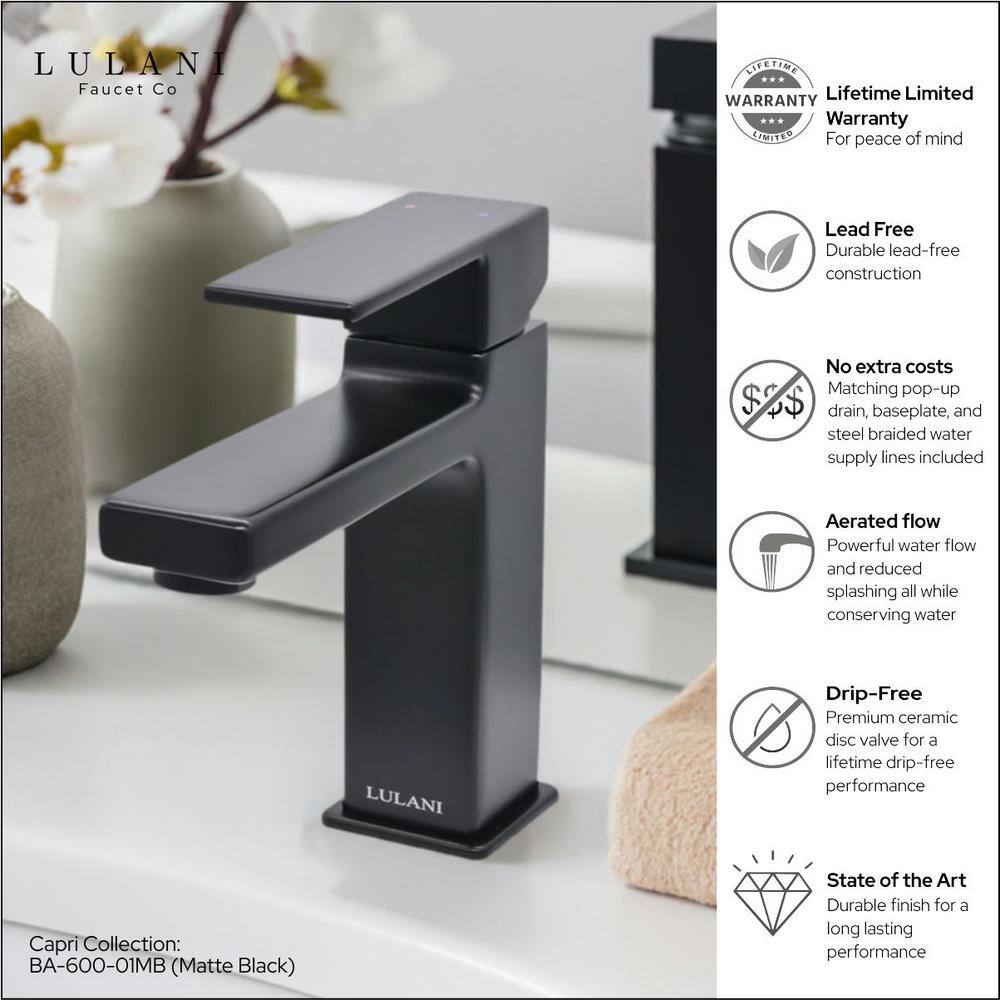 Lulani Capri Elegant Matte Black Brass Single Hole Bathroom Faucet