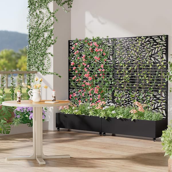 Dovelina 73 in. Black 3-Panel Metal Iron Planter Box with Attached Trellis for Climbing Vegetation Room Divider