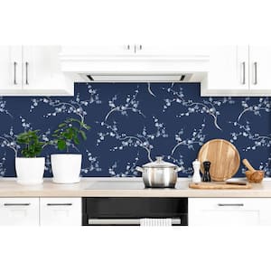Cherry Blossom Navy and Blue Jay Floral Peel and Stick Wallpaper (Covers 30.75 sq. ft.)