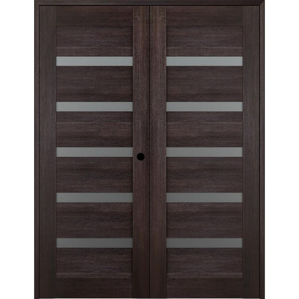 vona 07-04 60 in. x 80 in. Left Hand Active 5-Lite Frosted Glass Veralinga Oak Wood Composite Double Prehung French Door