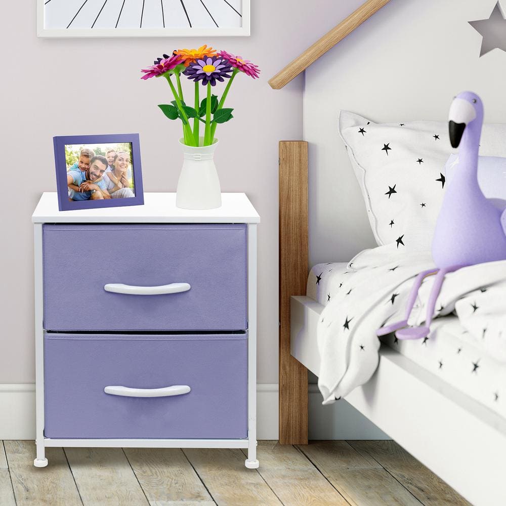 Purple and White Fabric 2-Drawer Nightstand with Steel Frame