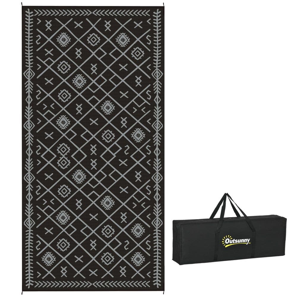 Black and Gray Rhombus 9 ft. x 18 ft. Waterproof Plastic Straw Floor Mat La