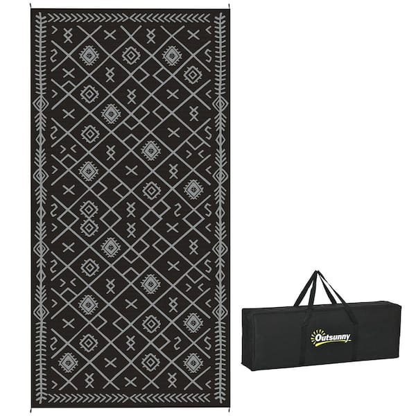 Black and Gray Rhombus 9 ft. x 18 ft. Waterproof Plastic Straw Floor Mat Large Reversible Outdoor Rug Area Rug