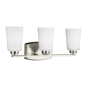 Franport 21 in. 3-Light Brushed Nickel Traditional Chic Wall Bathroom Vanity Light with Etched White Glass Shades