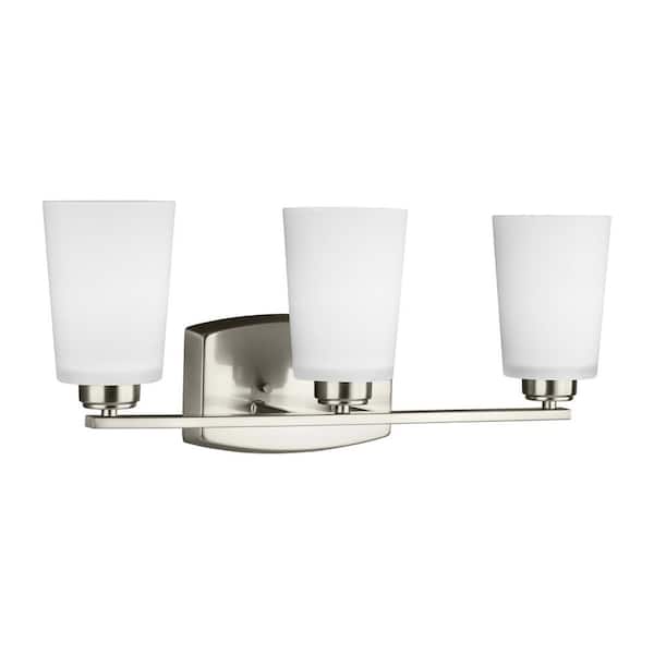 Generation Lighting Franport 21 in. 3-Light Brushed Nickel Traditional Chic Wall Bathroom Vanity Light with Etched White Glass Shades