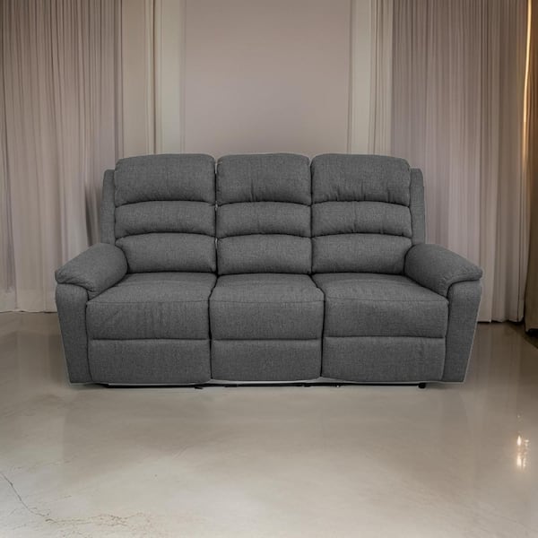 Benjara 74 in. Pillow Top Arm Fabric Rectangle Manual Recliner Sofa in Gray