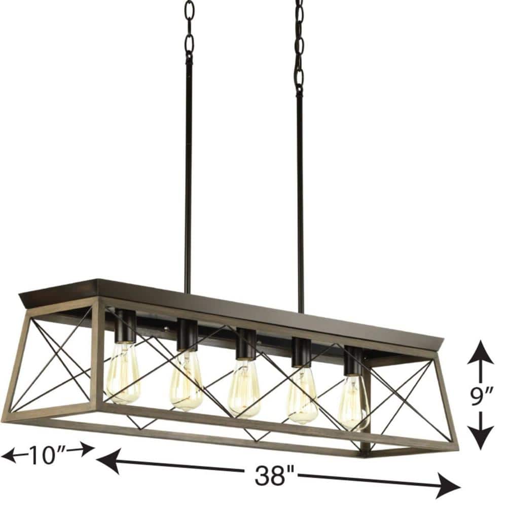 Antique Bronze 5-Light Linear Chandelier with Faux Wood Frame