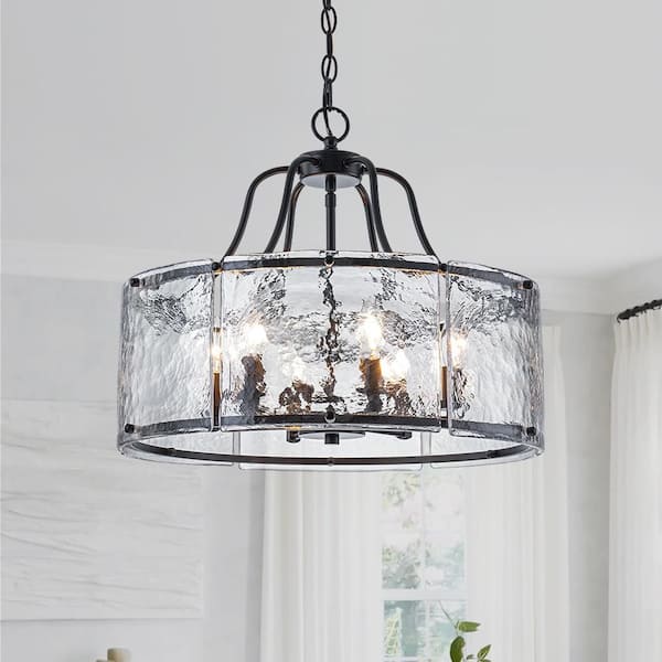 6-Light Matte Black Modern Farmhouse Drum Chandelier with Water Ripple Glass for Kitchen Island Dining Room Foyer