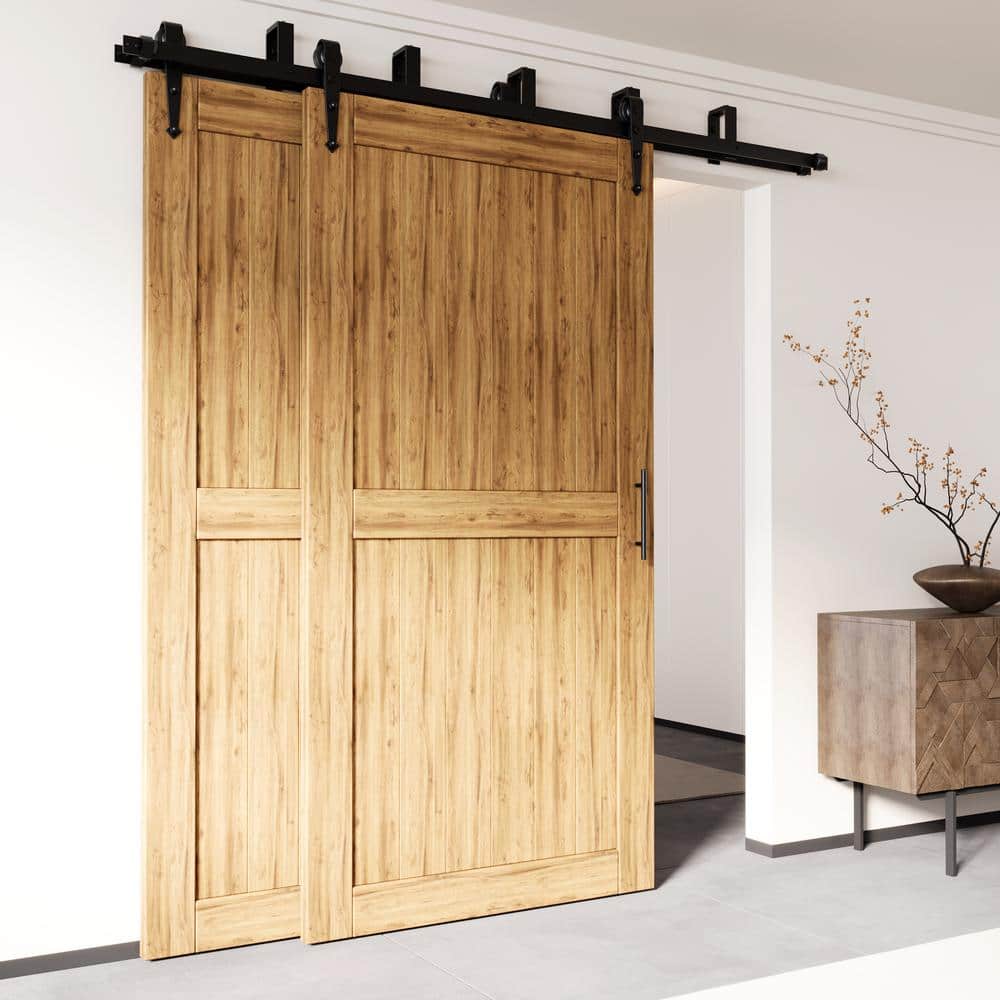 84-Inch Black Rustic Double Track Bypass Sliding Barn Door Hardware Kit