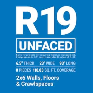 R-19 Unfaced Fiberglass Insulation Batt 23 in. x  93 in. (1 Bag)