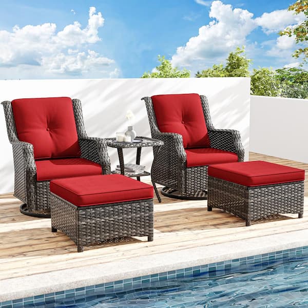 5-Piece Wicker Outdoor Patio Conversation Set with Swivel Rocking Chairs, Ottomans and Beige Cushions