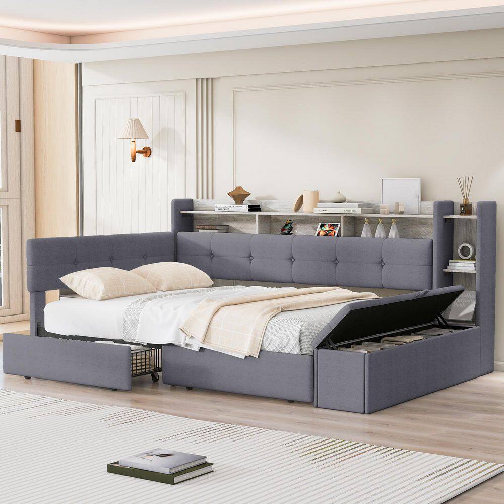 Gray Full Size Daybed with Storage Footstool and Shelves,Two Drawers price history on PriceWatchPro