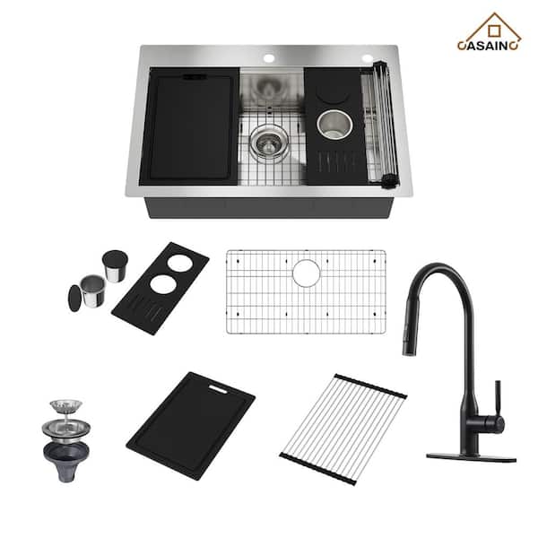 CASAINC Handmade 33 in. All-in-One Topmount Drop-in Single Bowl 18-Gauge Stainless Steel Kitchen Sink with Kitchen Faucet