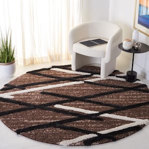 Hi-Lo Shag Brown/Ivory Charcoal 7 ft. x 7 ft. Solid Color Striped Round Area Rug