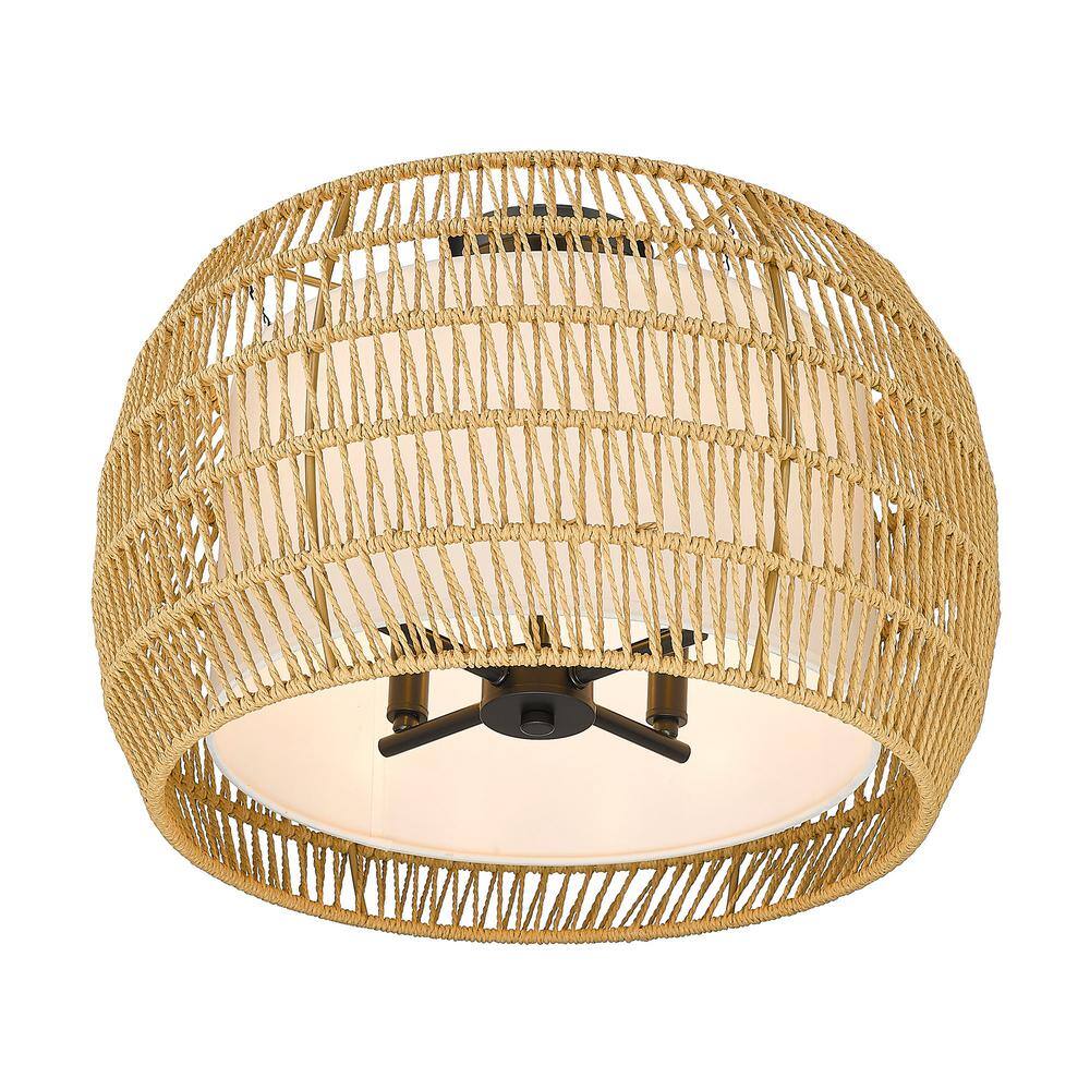 Matte Black and Natural Rattan Drum Semi-Flush Mount Light