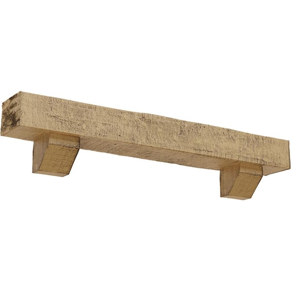 Ekena Millwork 4 in. x 4 in. x 4 ft. Rough Cedar Faux Wood Fireplace Mantel Kit with Ashford Corbels, Natural Pine