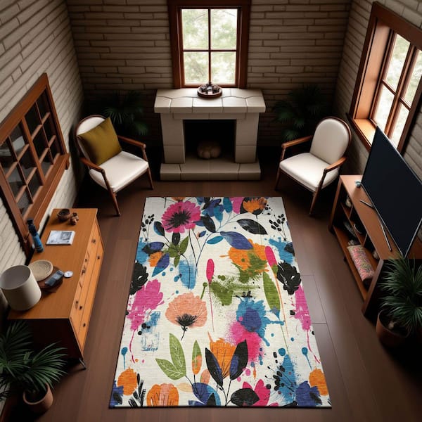 Mayfield Premium Machine Washable Abstract AMF1549 Ivory 8 ft. x 10 ft. Area Rug